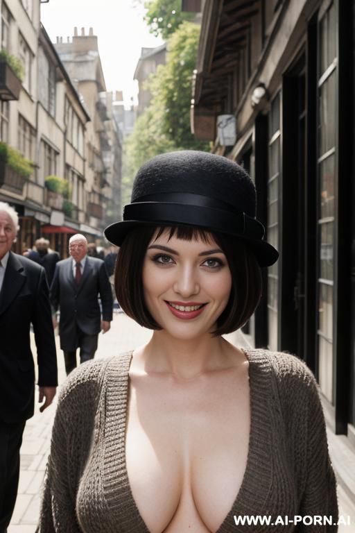 tree lined street, bowler hat, topless, surrounded by old men - #main