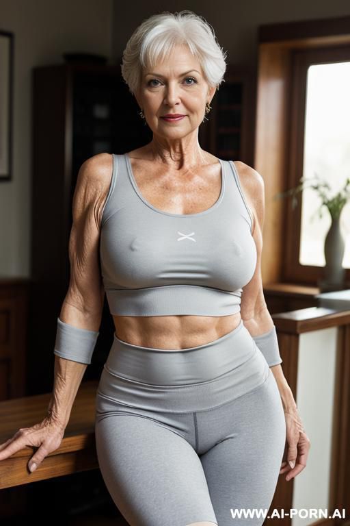 matured old milf, wrinkles, wrinkled skin, aging marks, tight shorts, tight shirt, extremely gigantic boobs, perfect eyes, waist shot - #main