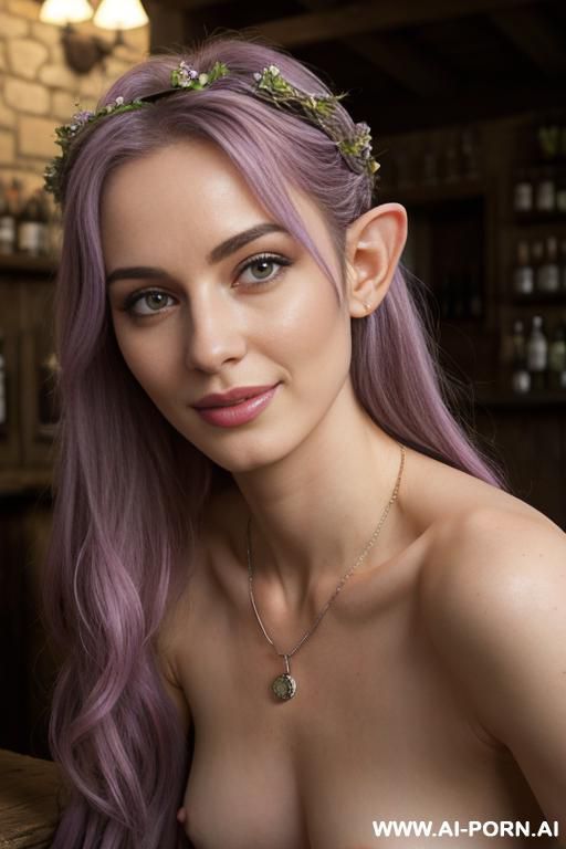 pretty face, pretty boobs, elf woman, elf goddess, elf ears, detailed face, soft alluring smile, long hair, totally naked, eye contact, looking at camera, necklace, flower crown, full body view - #main