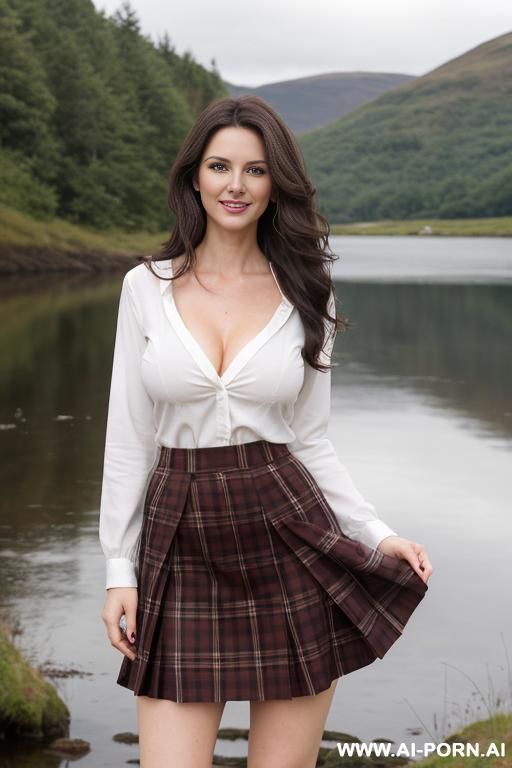 pretty, scottish, 30, flowing wavy hair, dark brown hair, very white skin, natural boobs, slight smile, makeup, eye shw, standing, spreading legs, v-neck, plaid skirt, loch background. - #main