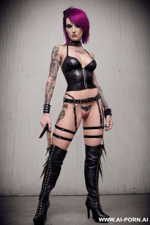 completly naked, bad woman, punk woman, serious, vi from arcane serie, muscular female, high heels, boots - #main