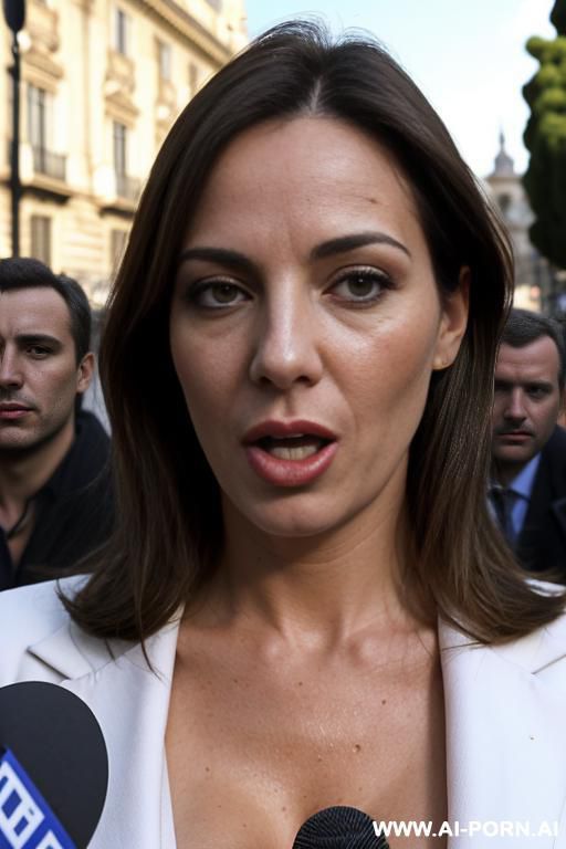 street near spanish parliament, topless, suit skirt, showing boobs, kissing, dense white cum dripping face, surrounded by reporters holding microphones - #main
