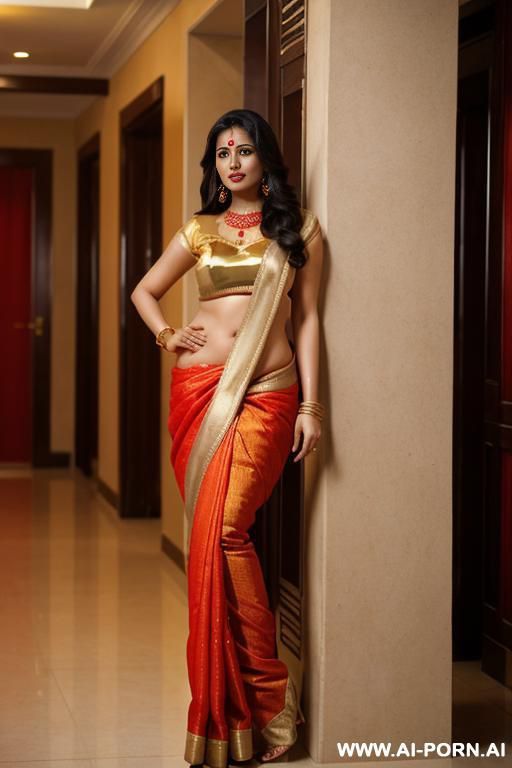 a beautiful women, fairly white skin tone, beautiful face, gorgeous face, wear a shiny golden red sari - #main