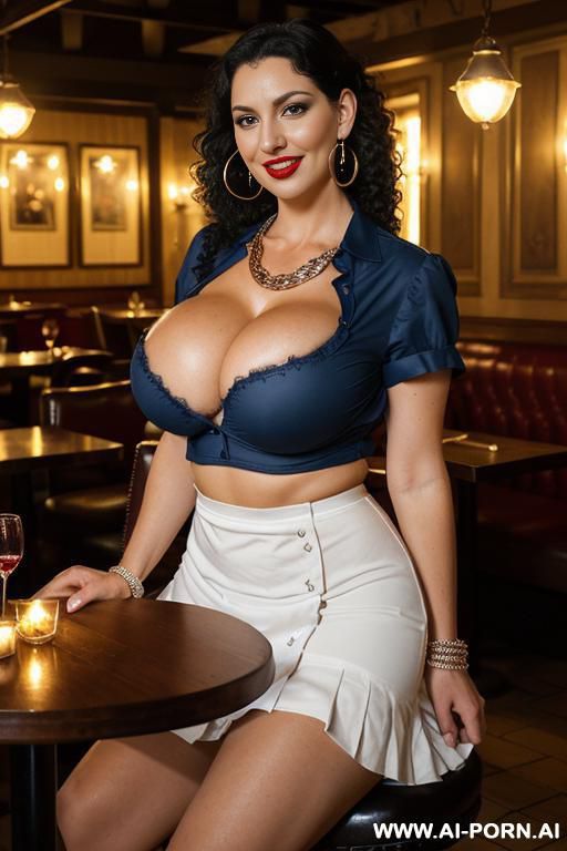bimbo, beautiful, (pouty wide lips), (((huge saggy boobs,))), (((saggy udders))), (massive neckchain), (((tight open shirt))), bangles, bracelets, (((seductive))), (((slutty))) ((fluffy curly)) ((massive earrings)) - #main