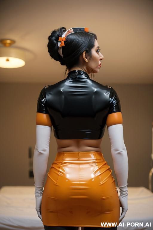 latex top and skirt, orange, lip ring, gold bicep bands, lip piercing, nose ring, latex arn gloves, nipples showing through top, (((nurse))) - #main