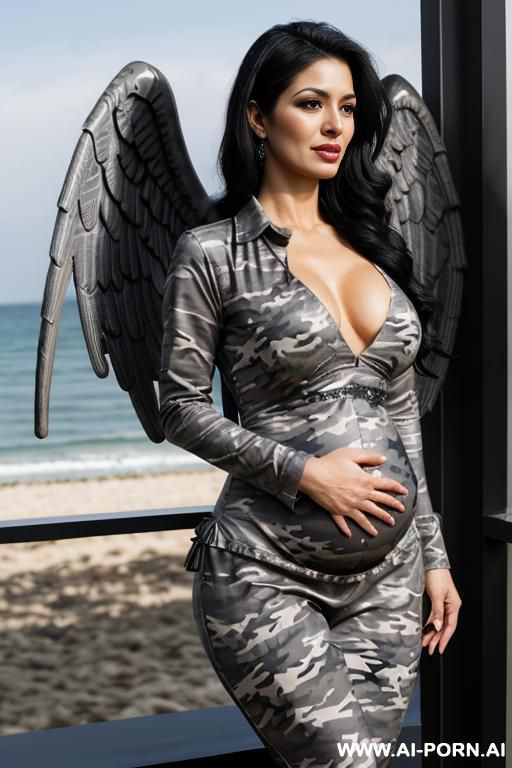 holding belly pregnant man huge boobs black hair full shot - #main