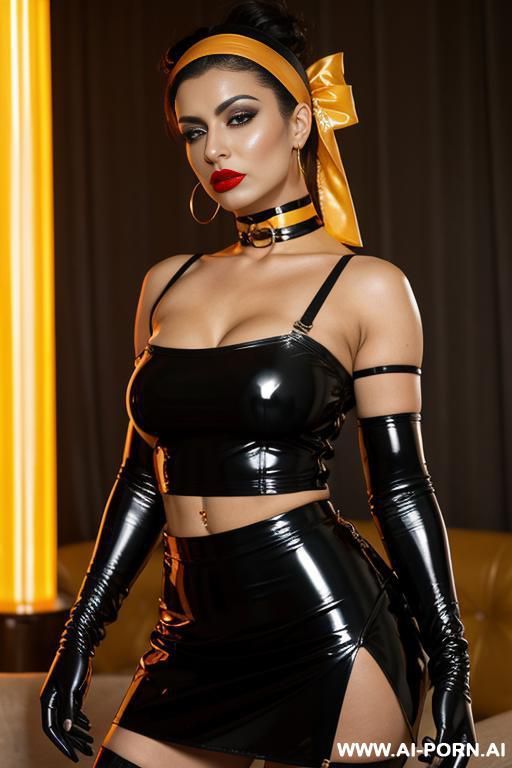 latex top and skirt, orange, lip ring, gold bicep bands, lip piercing, nose ring, latex arn gloves, nipples showing through top, - #main