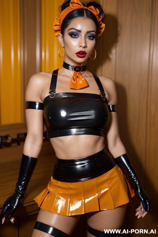 latex top and skirt, orange, lip ring, gold bicep bands, lip piercing, nose ring, latex arn gloves, nipples showing through top - #main