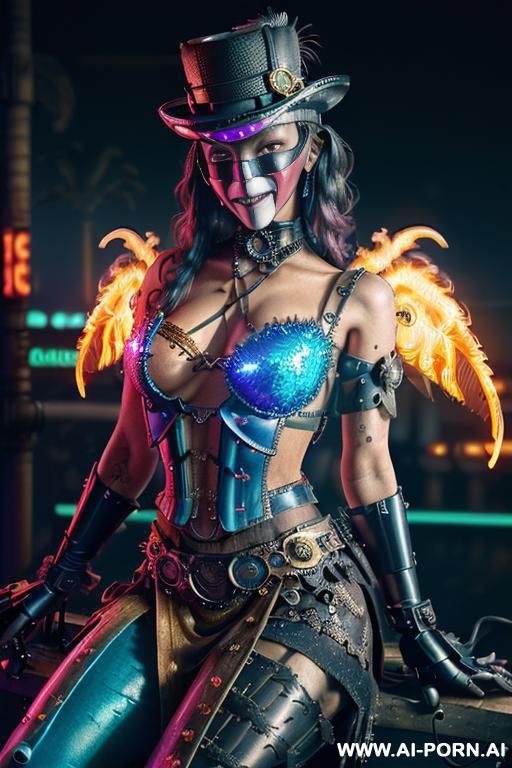 ((((masterpiece)))), (((woman sitting))), (glowing red eyes), (long blue purple and white hair with a flower), ((crop top white collar shirt with red tie)), ((((flaming angel wing)))), ((navy formal - #main
