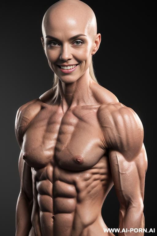 (gray background), view increasing muscle size and definition, (naked), (nude), (shortest most muscular white woman only), ((short)), ((very white pallid skin)), ((hard erotic pink rosy nipples)), - #main