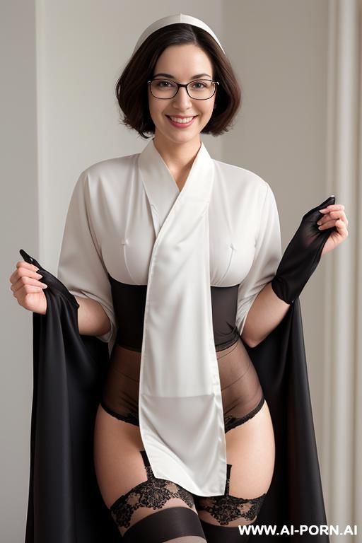 beautiful brunette. wearing glasses with short wavy hair.not wearing any panties. wearing black stockings but not wearing panties. naked below waist. white skin. - #main