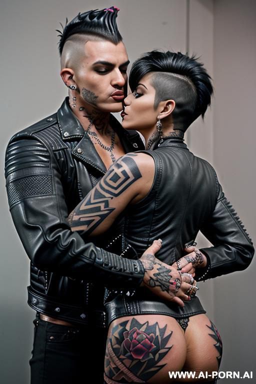 (((((tattooed latina milf kissing a man))))) ((((((gigantic tits)))))) ((makeup)) , ((((tight black leather jacket)))) (((mohawk hair))) ((((big ass)))) - #main