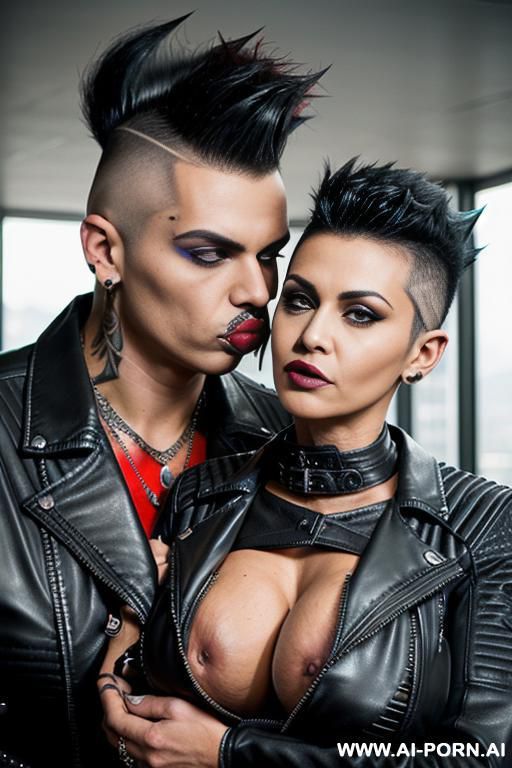 (((((latina milf kissing a man))))) ((((((gigantic tits)))))) ((makeup)) , ((((tight black leather jacket)))) (((mohawk hair))) ((((big ass)))) - #main