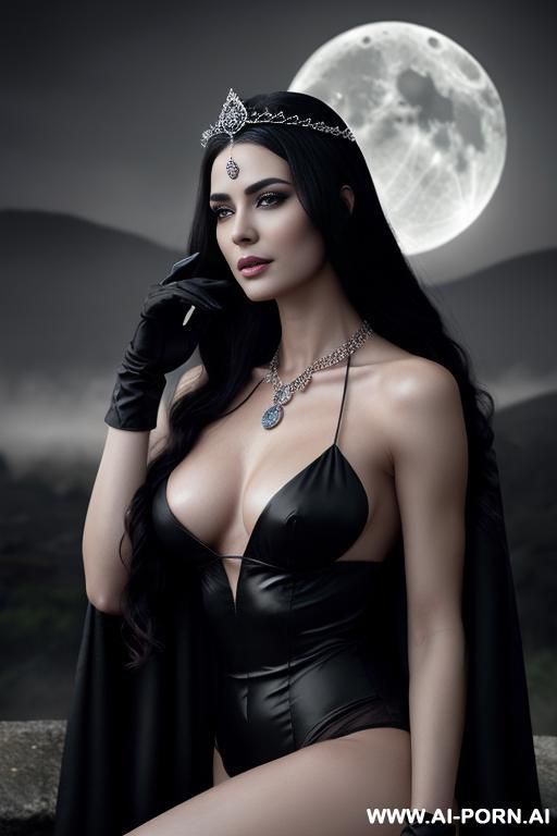 (goddess of night), ((topless)), arrogant pose, (eye contact), looking at viewer, front view, arrogant face, (cold face expression), haze goddess, ultra realistic, (shaded make-up), (slender shaded - #main