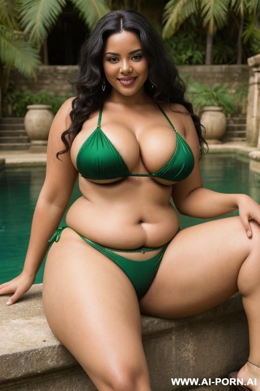 chubby, busty, dark beauty, ancient beauty, legs wide open, sitting, see through green micro bikini, legs wide, ancient village, curly long hair, sexy, erotic smile, ready for sex, - #main