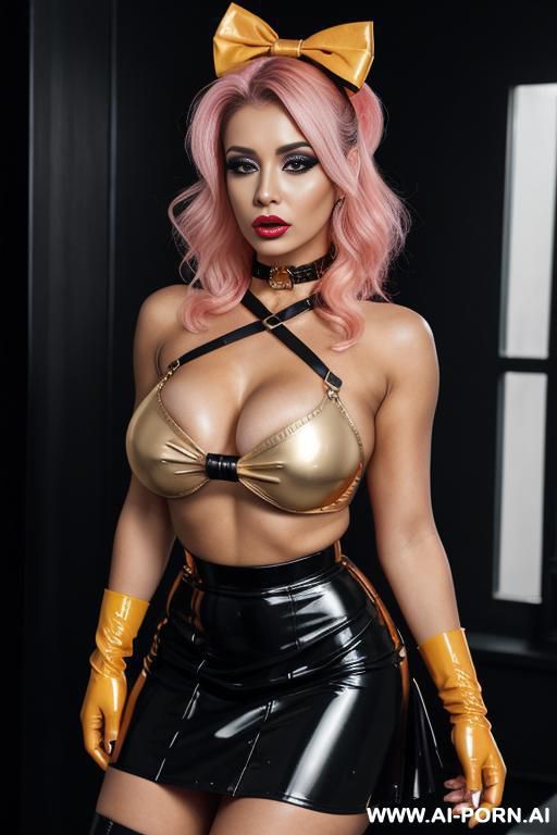latex top and skirt, orange, lip ring, gold bicep bands, lip piercing, nose ring, latex arn gloves, nipples showing through top, pink - #main