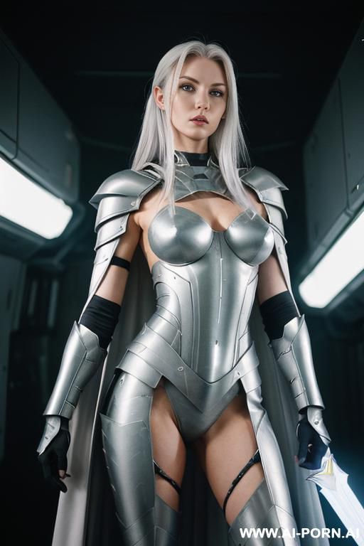 space aegis woman, sinewy athletic body, ((topless)), (nude boobs), ( sharp nipples), (((white-gray skin))), (elegant sharp boobs), dominant woman, proud body pose, (elegant shape), front view, (eye - #main