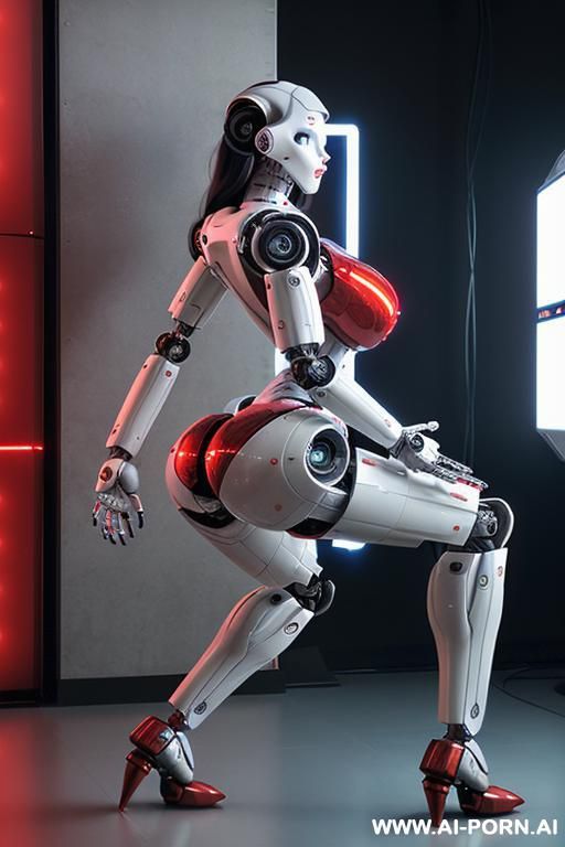 sexbot, right side view, full body view, sitting on floor in spaceship, leaning back against wall, right leg straight, left leg bent, looking at viewer, beautiful seductive human face with tanned - #main