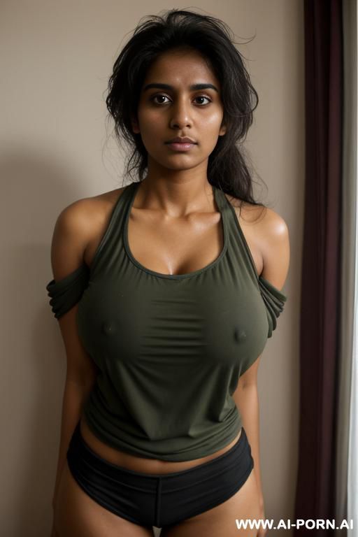 extremely tanned pakistani, bedroom, unkempt hair, tired panda eyes, loose fitting tank top, one exposed breast, hard nipples, short athletic shorts, off shoulder open athletic jacket, exhausted expression - #main