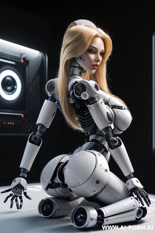 sexbot, front view, full body view, sitting on floor in spaceship, leaning back against wall, right leg straight, left leg bent, looking at viewer, beautiful seductive human face with tanned - #main