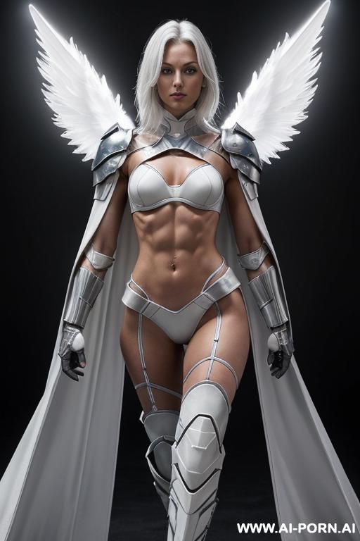 space aegis woman, sinewy athletic body, ((topless)), (nude boobs), (((white-gray skin))), (elegant sharp boobs), dominant woman, proud body pose, (elegant shape), front view, (eye contact), sharp face, - #main