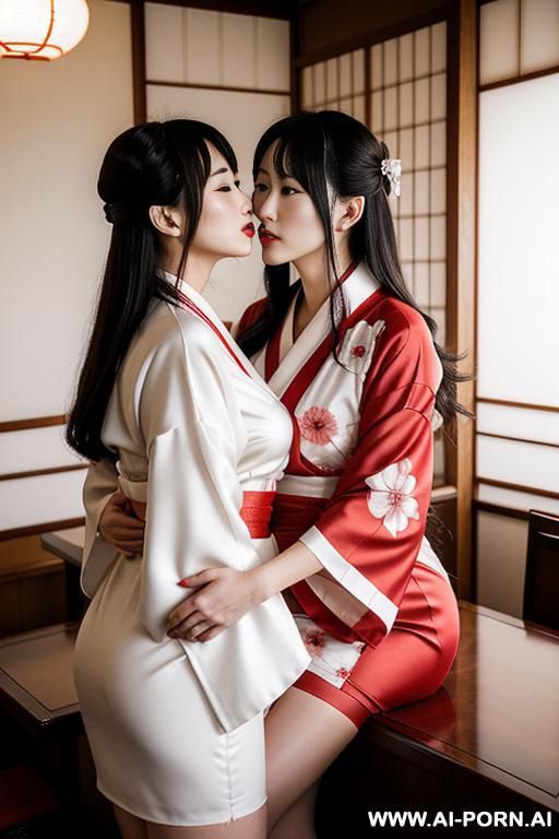 white and red kimono, actor, torn pantyhose, hugging, - #main