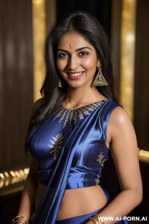 (((vanessa incontrada)), ((shiny sparkling indigo silk sleeveless christmas patterned crew neck sari )), (christmas), standing in a fancy luxurious night club, ((smiling at the camera)), photorealistic, - #main