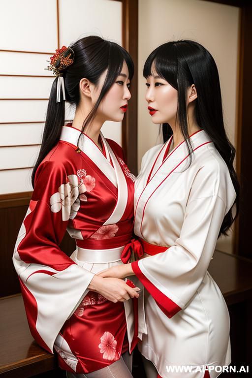 white and red kimono, actress, torn pantyhose, hugging, - #main