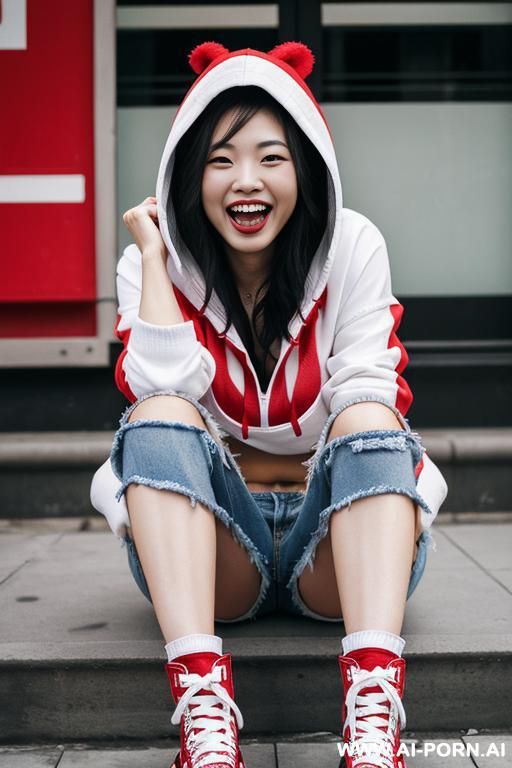 chinese woman wearing perfectly drawn black hi top converse sneakers ripped denim shorts and a red hoodie - #main