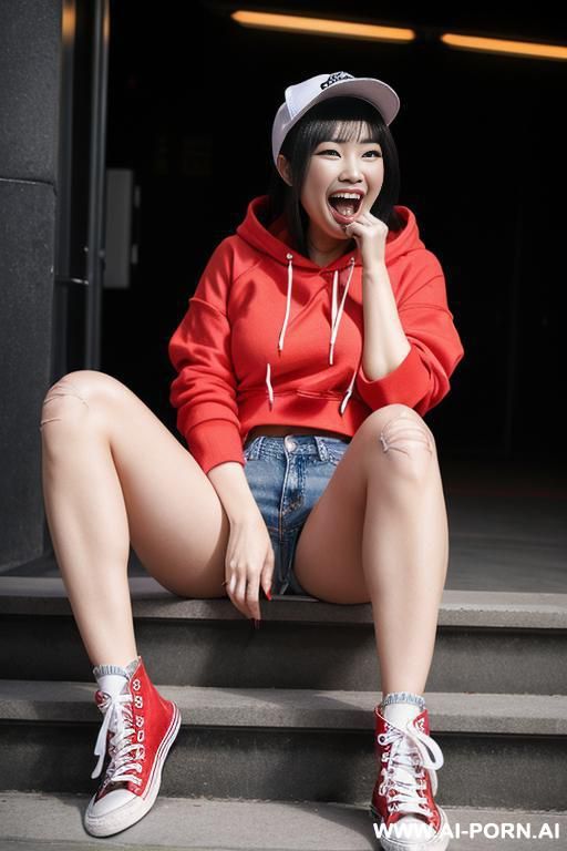 chinese woman wearing perfectly drawn black hi top converse sneakers ripped denim shorts and a red hoodie sucking white cock on her knees - #main