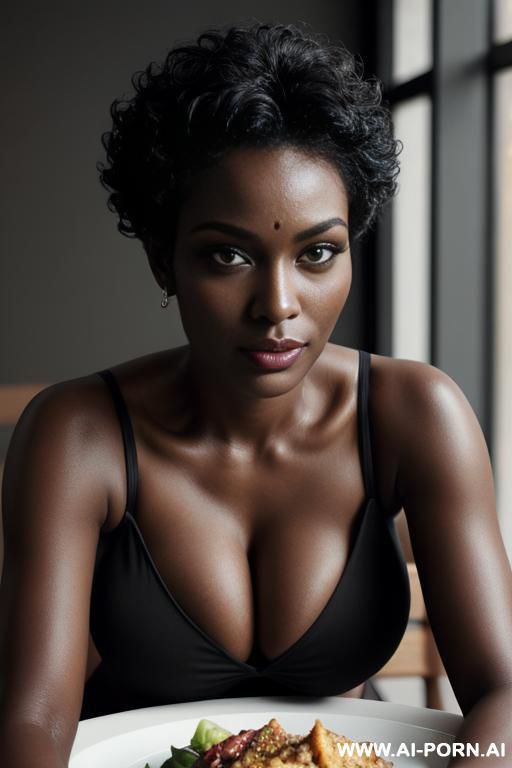 busty perky dark black skin sexy armpits thick lip wide jaw curly zen yoga sitting at dinner table - #main