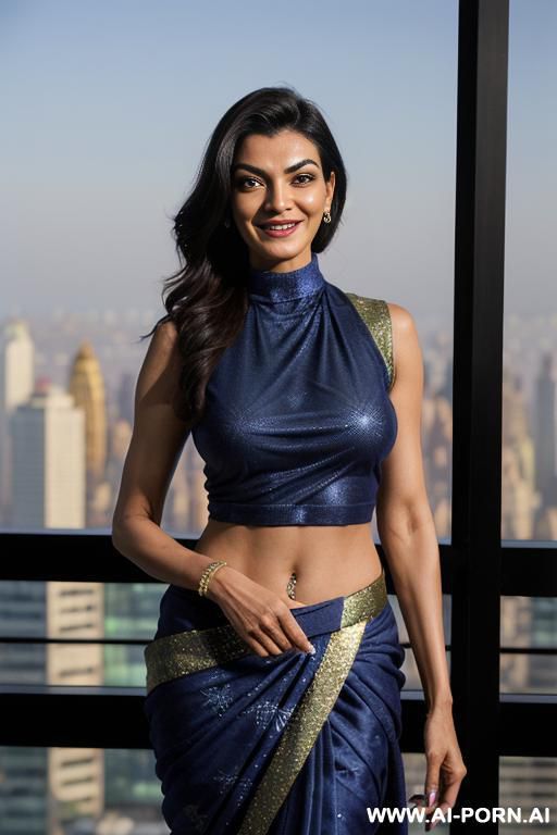 ((sushmita sen)), ((shiny sparkling indigo spandex sleeveless christmas patterned crew neck sari )), balcony ((smiling at the camera)), photorealistic, punjabi , (ultra detailed photo), (hyper realistic - #main
