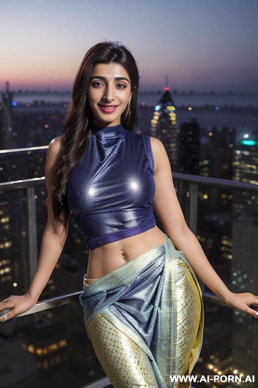 (((urwa hocane)) (balcony), (( shiny sparkling indigo spandex sleeveless christmas patterned crew neck sari)), ((smiling at the camera)), photorealistic, punjabi, (ultra detailed photo), (hyper realistic - #main