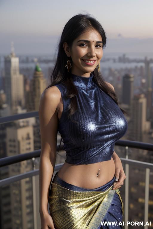 (((higareda)), ((shiny sparkling indigo spandex sleeveless christmas patterned crew neck sari)), (balcony), ((smiling at the camera)), photorealistic, punjabi dark complexion, (ultra detailed photo), (hyper - #main
