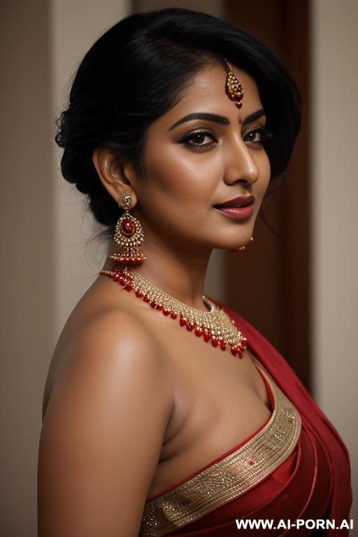 huge round boobs, indian, white skin, wearing red sari, highly detailed, side view, - #main