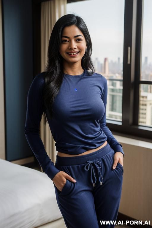 ((rashmika)), ((indigo long sleeve crew neck shirt, jogger pants)), (bedroom) ((smiling at the camera)), photorealistic, punjabi , (ultra detailed photo), (hyper realistic photo), standing in a fancy - #main