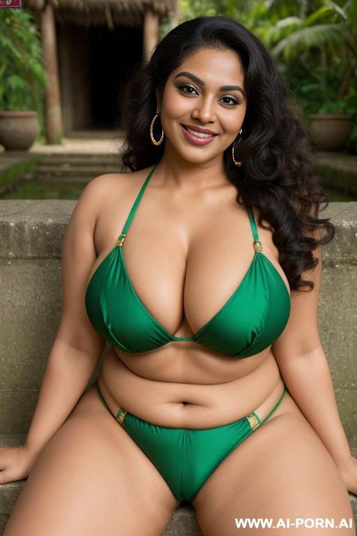 desi aunty, curvy chubby, busty, sitting, smiling, long curly hair, legs wide open, ready for sex, mating mood, ancient village road, wearing green micro bikini thong, hairy - #main