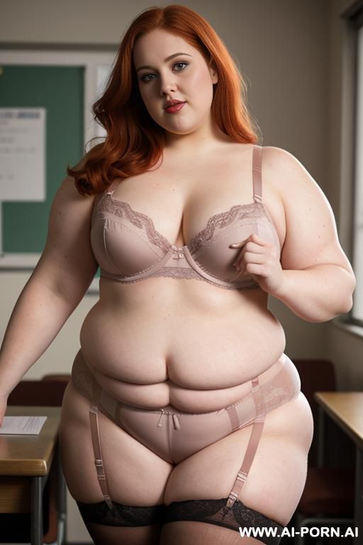 half body photo shot close up. about at classroom. a ((british obese)) fat bbw redhead, thick with love handless and medium tummy. wearing a pink sexy and hot garter belt lingerie. dynamic angle. - #main