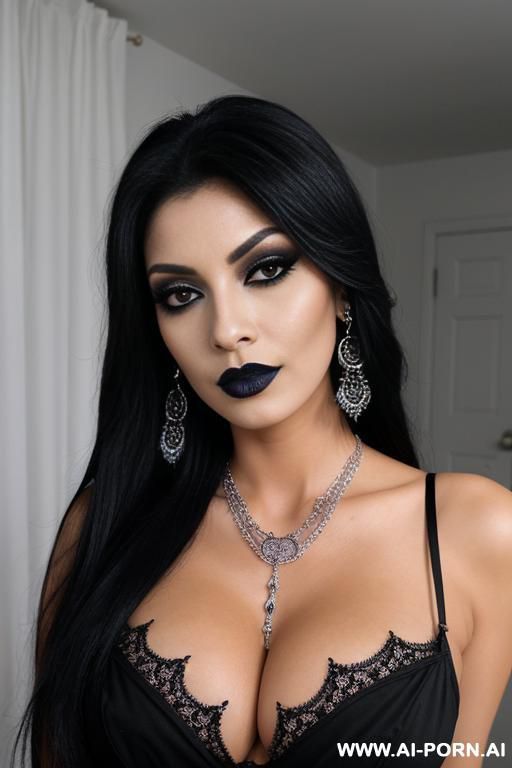 huge tirs latina goth milf, long black straight hair, black ans white makeup, lace black lingerie, loads of elry necklaces earrings rings piercings bracelets - #main