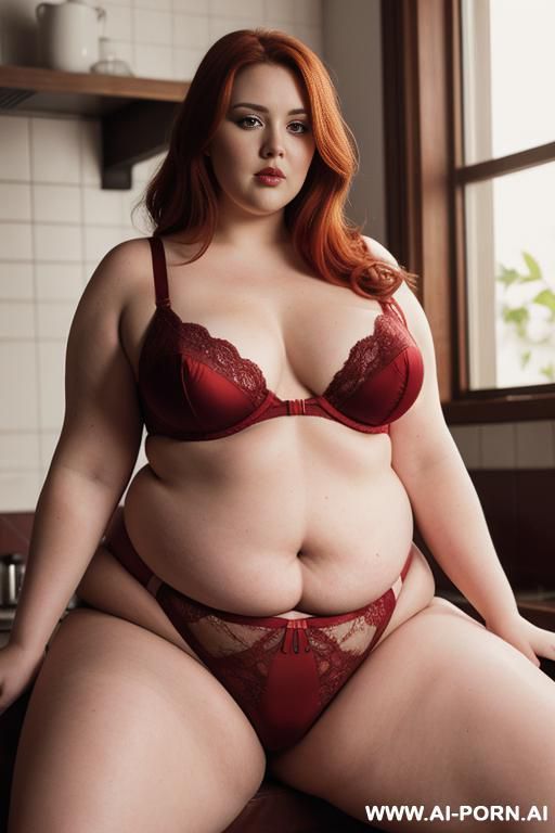 half body photo shot close up. about at kitchen ((a british obese)) fat bbw redhead, thick with medium tummy. wearing a red sexy and hot garter belt suite lingerie. (((dynamic angle))). - #main