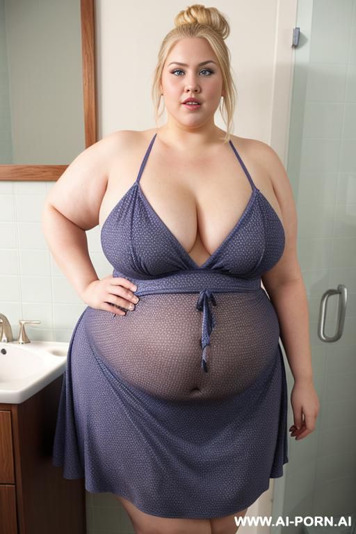 very fat ssbbw, blonde hair bun, huge belly, huge ass, transparent string , bathroom, stand up, slanted blue eyes, bbw face, cheekbone, mouth open, surprised, stand up, show boobs - #main