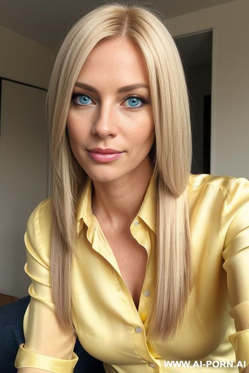 blond 30 year old, blue eyes, chin length straight hair, casual yellow silk shirt, unbuttoned, no makeup, s, on knees, looking up, eager, blushing - #main