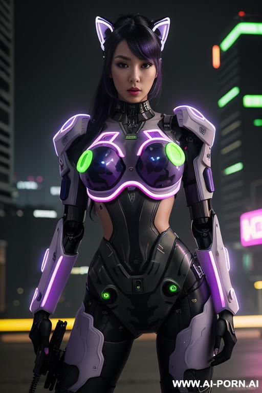beautiful realistic woman ((woman fully robotic mechanic body)), (((holding electric and luminous neon violet assault rifle))), ultra detailed, finely detail, highly detailed face, highly detailed eyes, - #main