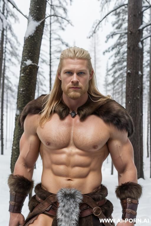 1, norway male, muscular, viking outfit, flexing, ft tall, proud face, blonde hair, blue eyes, in the snowy woods, midday, dynamic view - #main