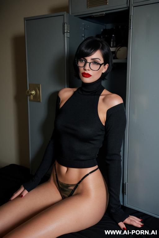 full black turtleneck full sleeve sweater, full length, very big boobs, bangs, red lipstick, giving flying kiss, slutty look, black stockings, biting lips, black gloves, v cut face, big suction lips, low bucal fat - #main