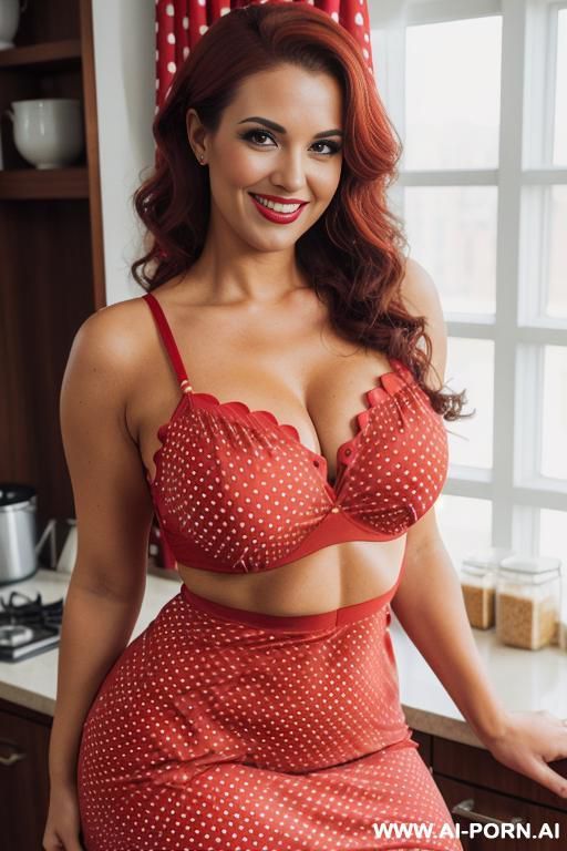 gorgeous hot brunette women wearing (((red polka dot dress))) in kitchen, curvy ass, fucked, pov, cartoon style - #main