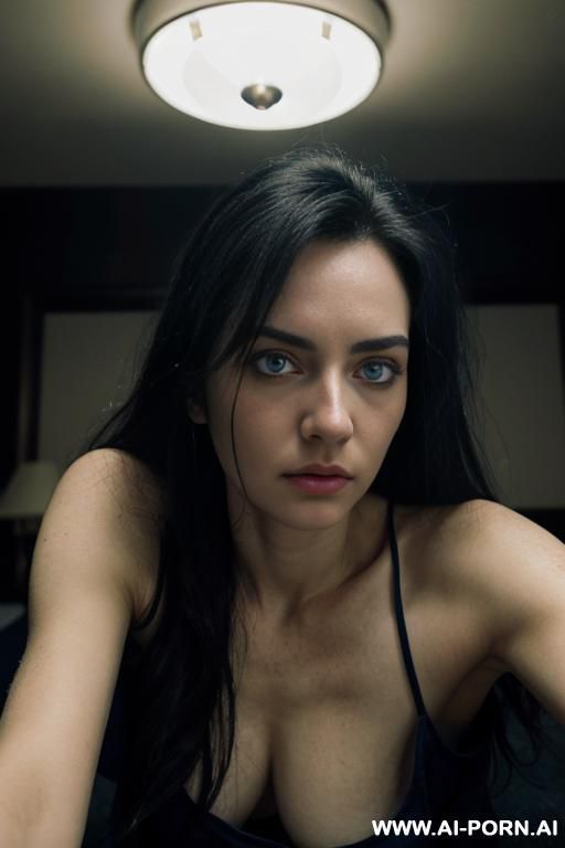 close up, pallid skin, dark hotel room at night, long unkempt hair black hair, tired panda eyes, blue eyes, blue eye tint, tank top, off shoulder open athletic jacket, exhausted expression - #main
