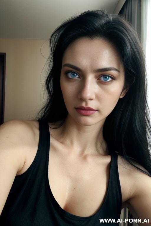 close up, pallid skin, dark hotel room, long unkempt hair black hair, tired panda eyes, blue eyes, blue eye tint, off shoulder tank top, exhausted expression - #main