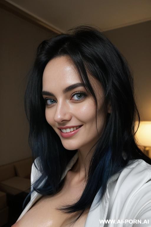 pallid skin, dark hotel room at night, long unkempt hair black hair, tired panda eyes, blue eyes, blue eye tint, open athletic jacket, mischievous smile - #main