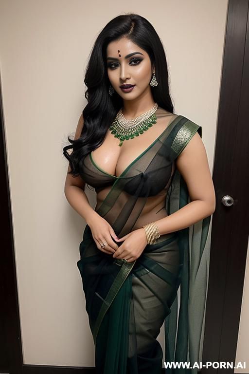 lauta from twin peeks, black transparent blouse and green saree, showing full body nude, seducing makeup, black lipstick, seductive, craving for sex. - #main
